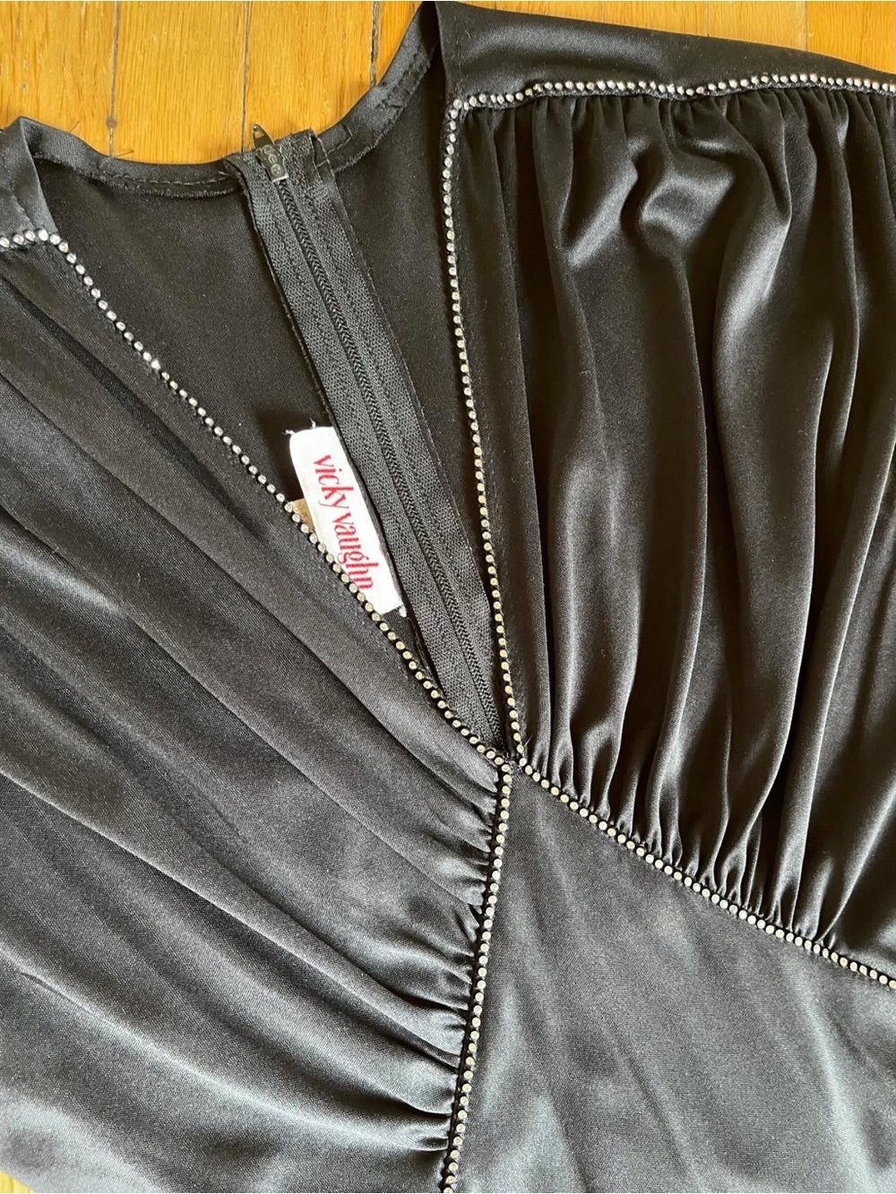 Vintage Vicky Vaughn Black Satin Rhinestone Jumpsuit 80s Glam - Picture 6 of 7